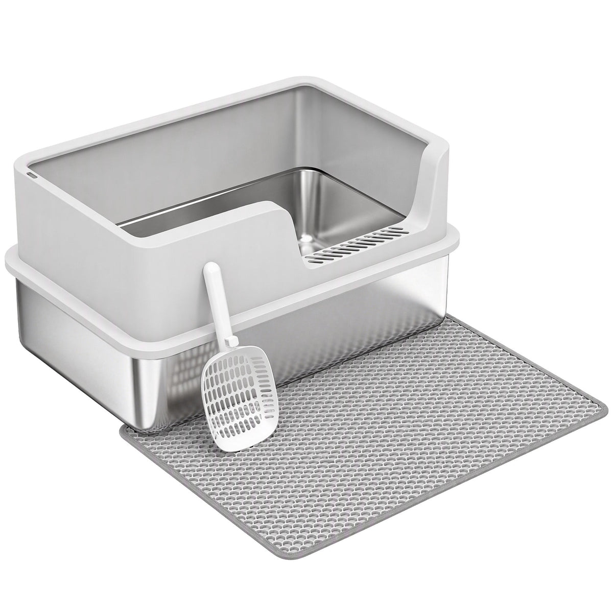 PawHut XL Stainless Steel Cat Litter Tray with Lid, High Sided Cat Litter Box with Scoop and Mat, Light Grey