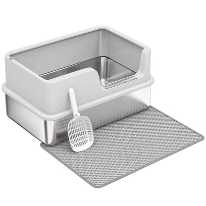 PawHut XL Stainless Steel Cat Litter Tray with Lid, High Sided Cat Litter Box with Scoop and Mat, Light Grey