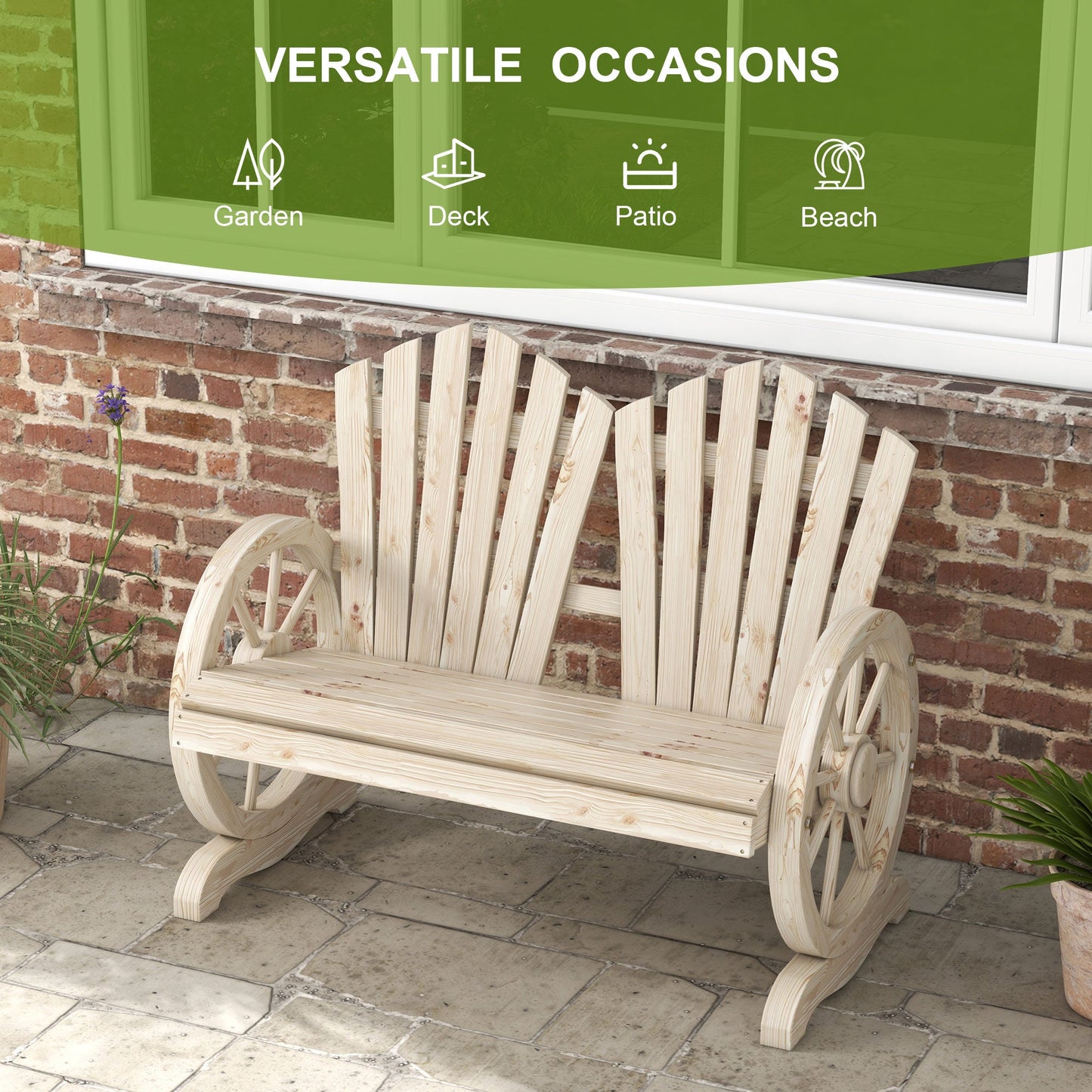 Outsunny Fir Wood Love Seats with Wheel-Shaped Armrests, Large Load-Bearing Chair, Natural Wood Finish