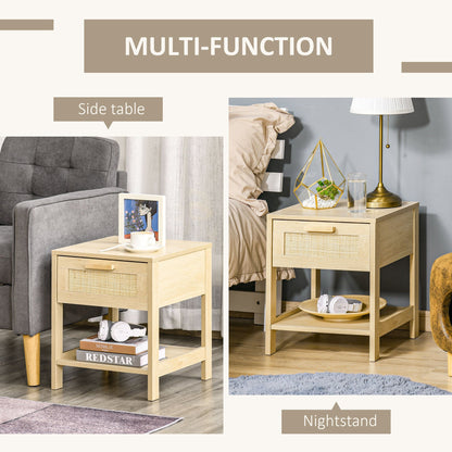 HOMCOM Bedside Table Set of 2 with Rattan Drawer, Rustic Side Tables with Storage Shelf for Bedroom, Living Room, Natural