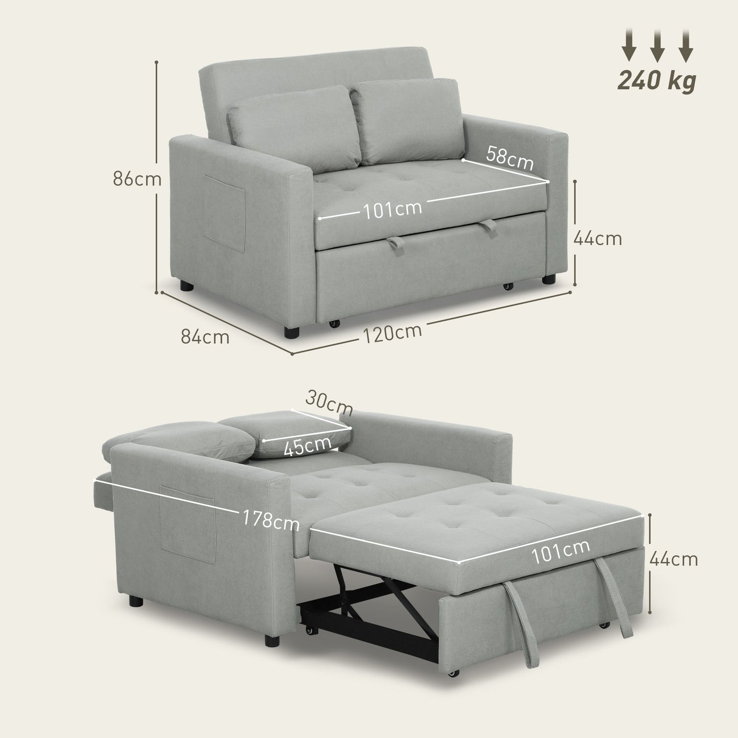 HOMCOM Velvet-Feel Two-Seater Sofa Bed - Light Grey