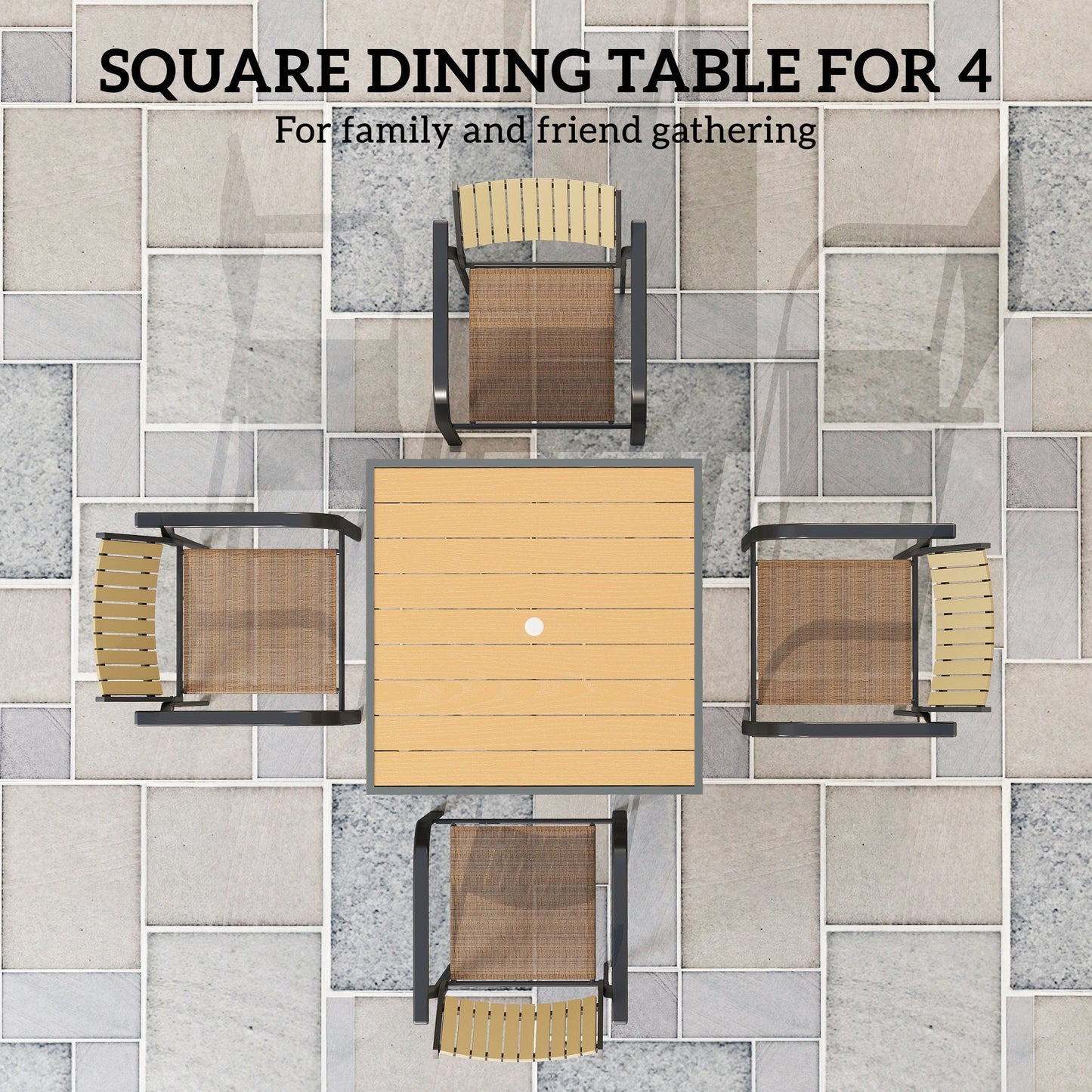 Outsunny Garden Table, 90cm Square Outdoor Patio Dining Table with 4.2 cm Umbrella Hole, Metal Frame, Wood Effect Top, for Terrace, Balcony, Natural Wood Finish