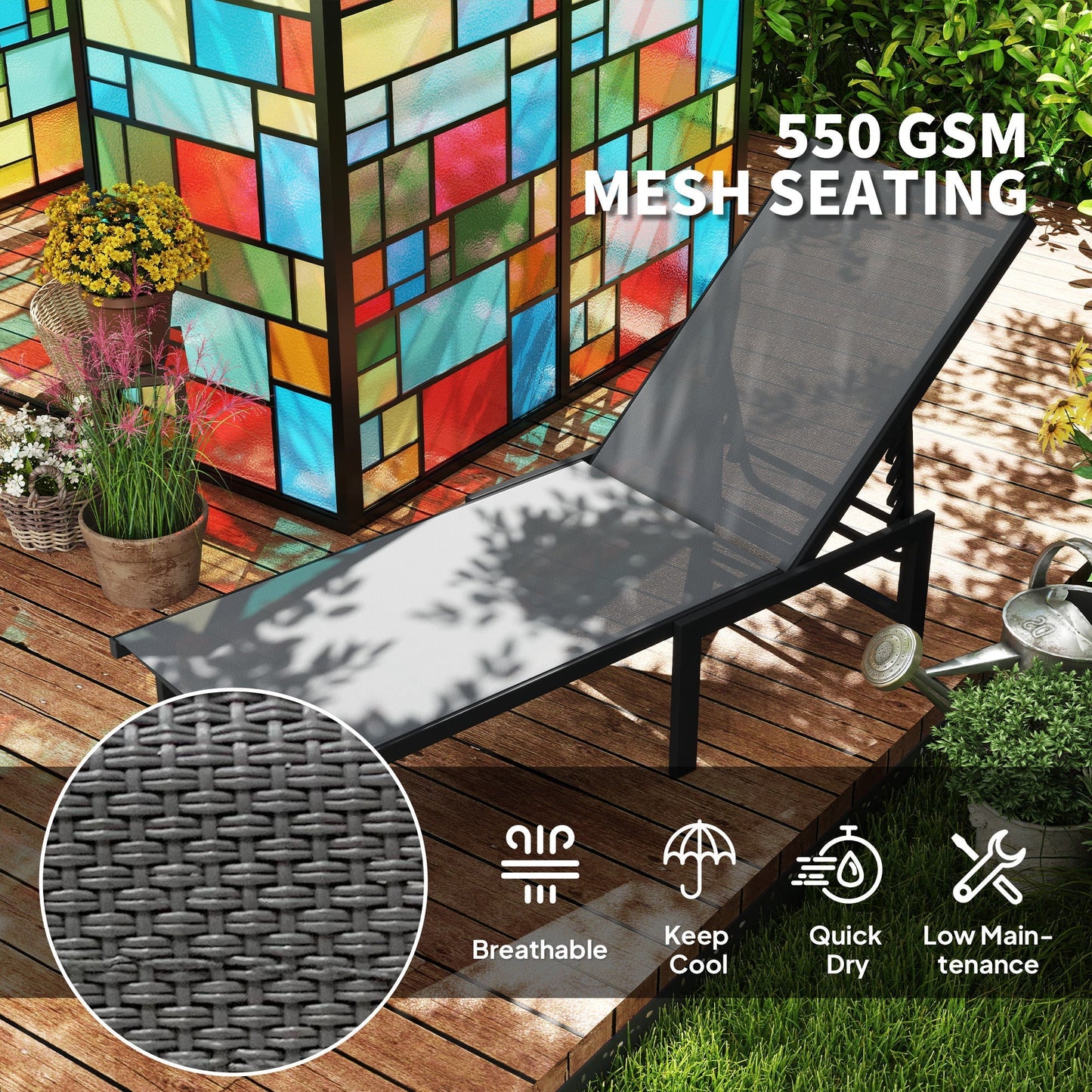 Outsunny Sun Lounger for Garden, 5-Level Adjustable Reclining Sun Lounger Chair, Flat Garden Lounger Sunbed with Texteline Seat, Steel Frame for Patio, Beach, Grey