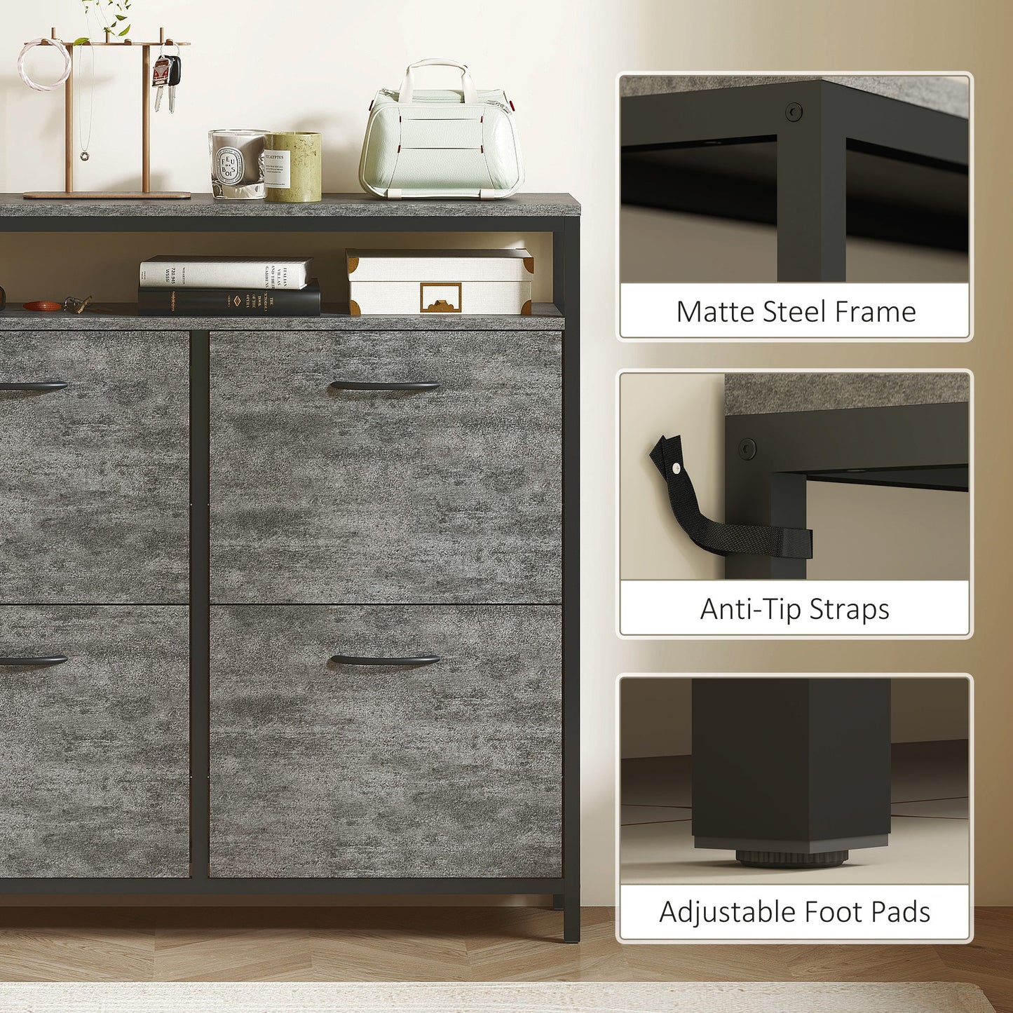 HOMCOM Shoe Storage Cabinet with 4 Flip Drawers and Open Shelf - Cement Grey