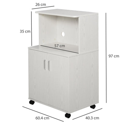 HOMCOM Kitchen Storage Unit, Modern Microwave Stand Trolley Cart, Sideboard with Cabinet,  Locking Wheels, Shelf for Living Room, Dining Room, White
