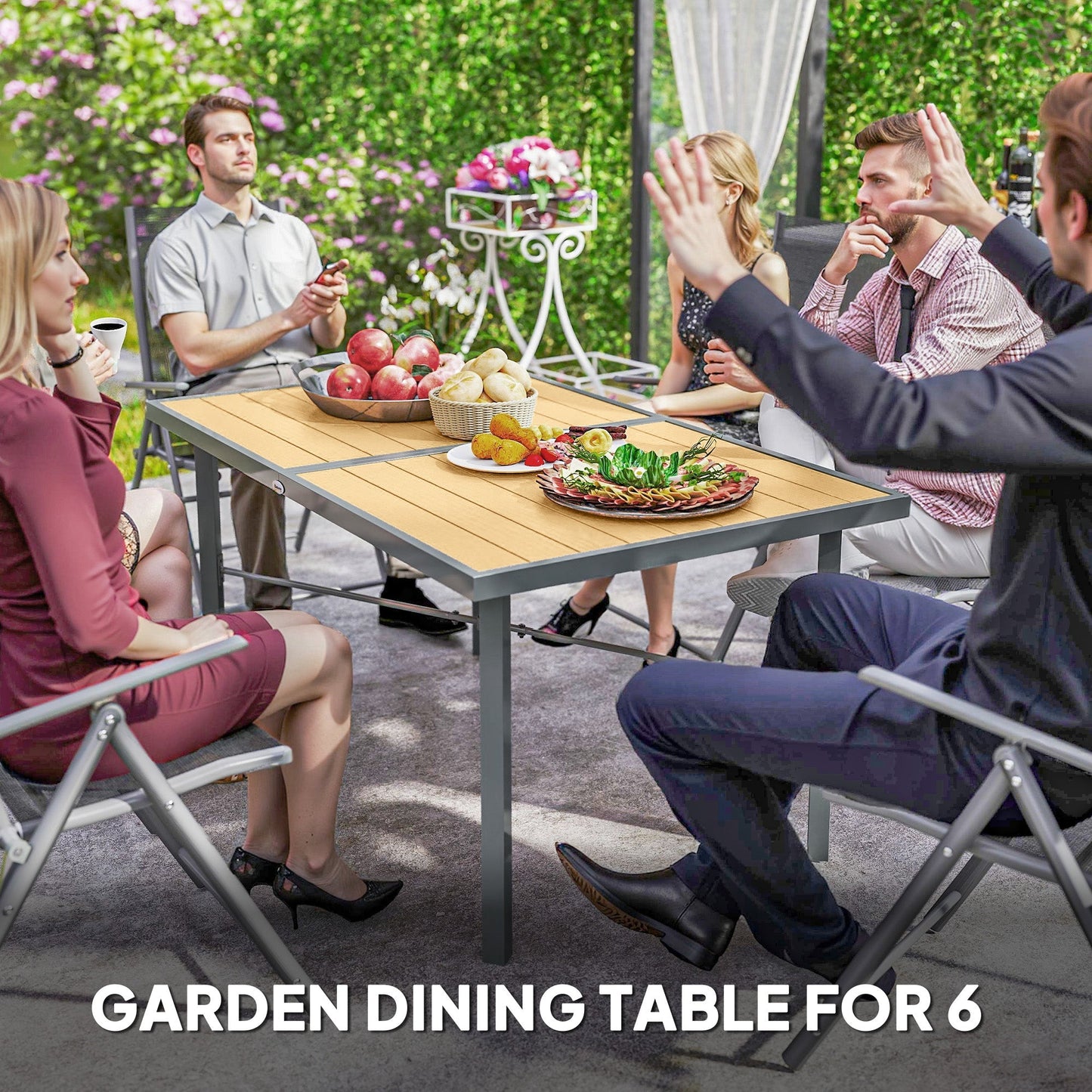 Outsunny Garden Table for 6, Outdoor Dining Table with 5cm Umbrella Hole, Wood Effect Top, Rust Resistant Frame, for Patio, Balcony, Terrace, 150 x 90 cm