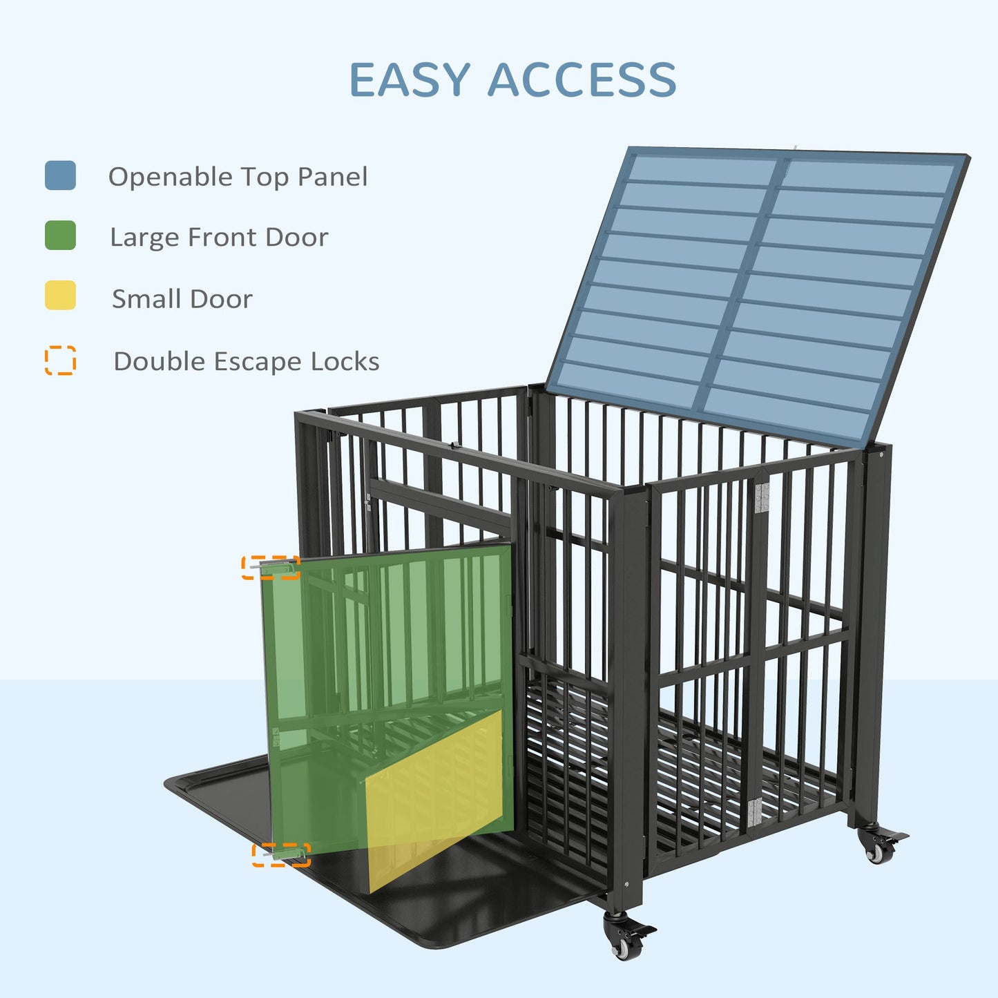 PawHut 43" Heavy Duty Dog Crate, Foldable Dog Cage, with Openable Top, Locks, Removable Tray, Wheels - Black