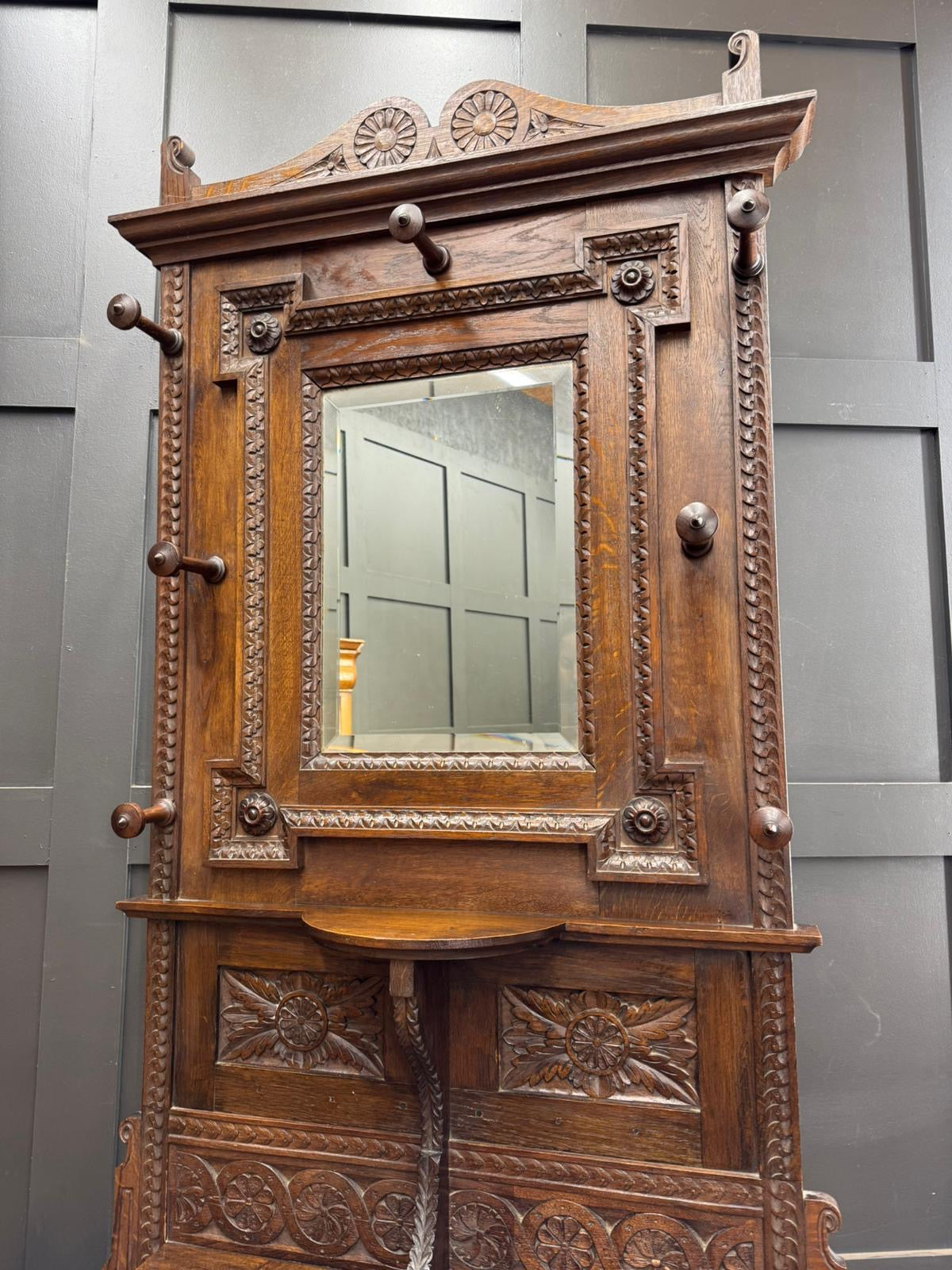 Antique Oak Hallway Coat & Hat Stand with Mirror and Storage