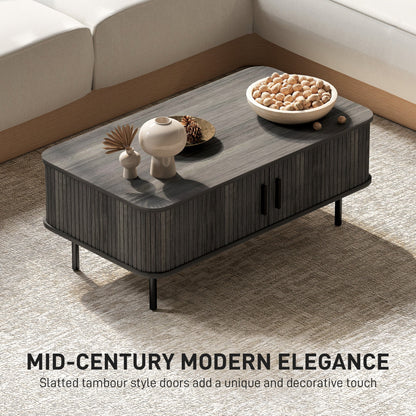 HOMCOM Coffee Table with Storage, Living Room Table with Slatted Tambour Sliding Doors and Foot Pads, Rectangular Coffee Table with Elevated Base for Living Room, Grey Wood-Effect