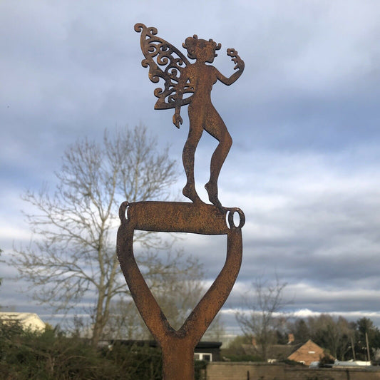 Rusty Metal Fairy On A Spade Garden Decortaion