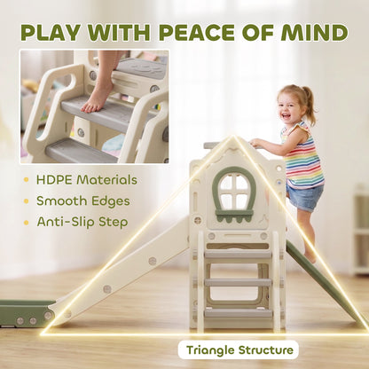 AIYAPLAY Foldable 5 in 1 Toddler Slide with Ladder, Climbing Wall, Basketball Hoop, Storage and Basketball for 1-3 Years, Cream