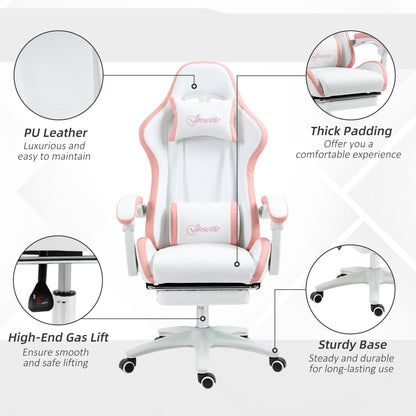 Vinsetto Computer Gaming Chair, PU Leather Desk Chair with Footrest, Swivel Task Chair with 135\'c2\'b0 Reclining Back and Lumbar Support, PC Chair for Adults, White and Pink