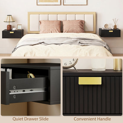 HOMCOM Modern Floating Nightstands Set of 2, Wall Mounted Bedside Tables with Wave Drawer Black