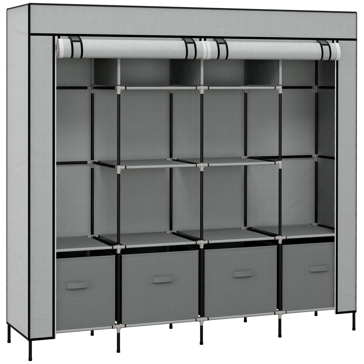 HOMCOM Fabric Wardrobe for Bedroom, Portable Cloth Wardrobe with 10 Compartments, 2 Hanging Rails and 4 Fabric Drawers, 166 x 42.5 x 169.5cm, Dark Grey