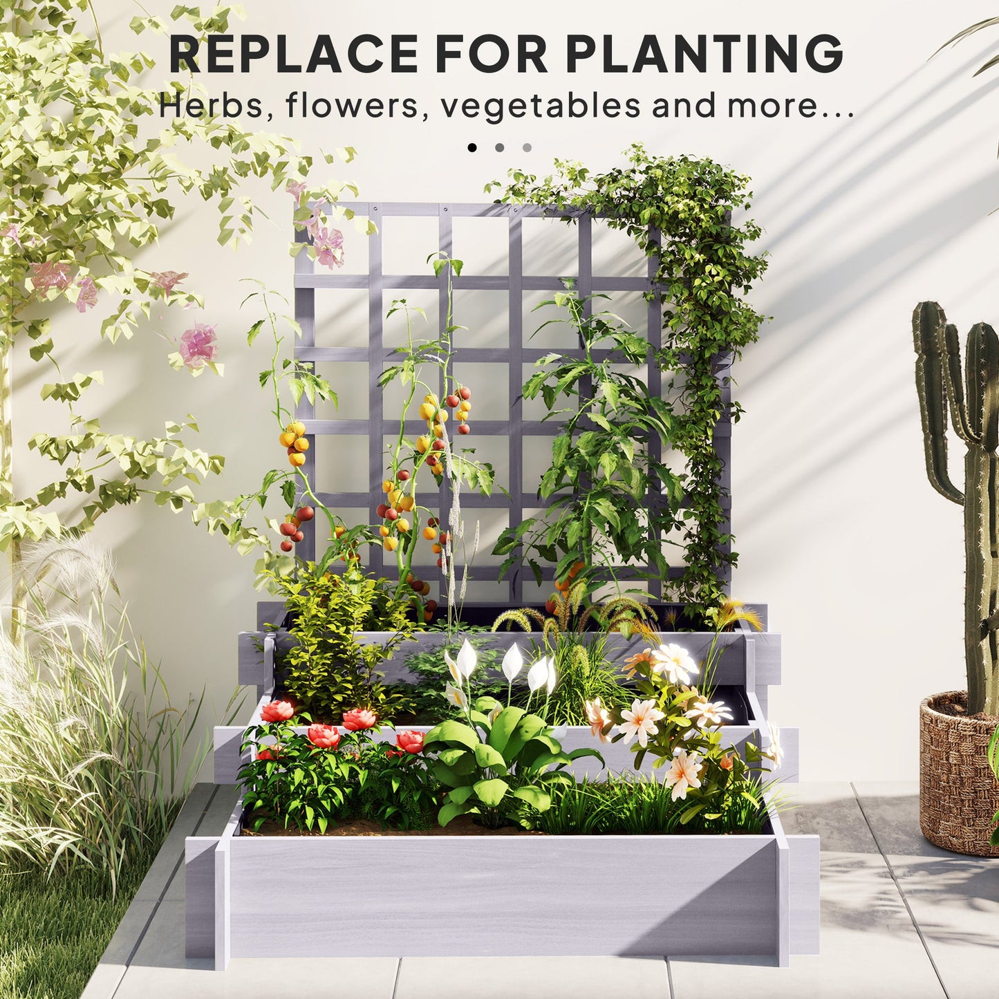 Outsunny 3 Tier Garden Planters with Trellis for Vine Climbing, Wooden Raised Beds, 95x95x110cm, Grey