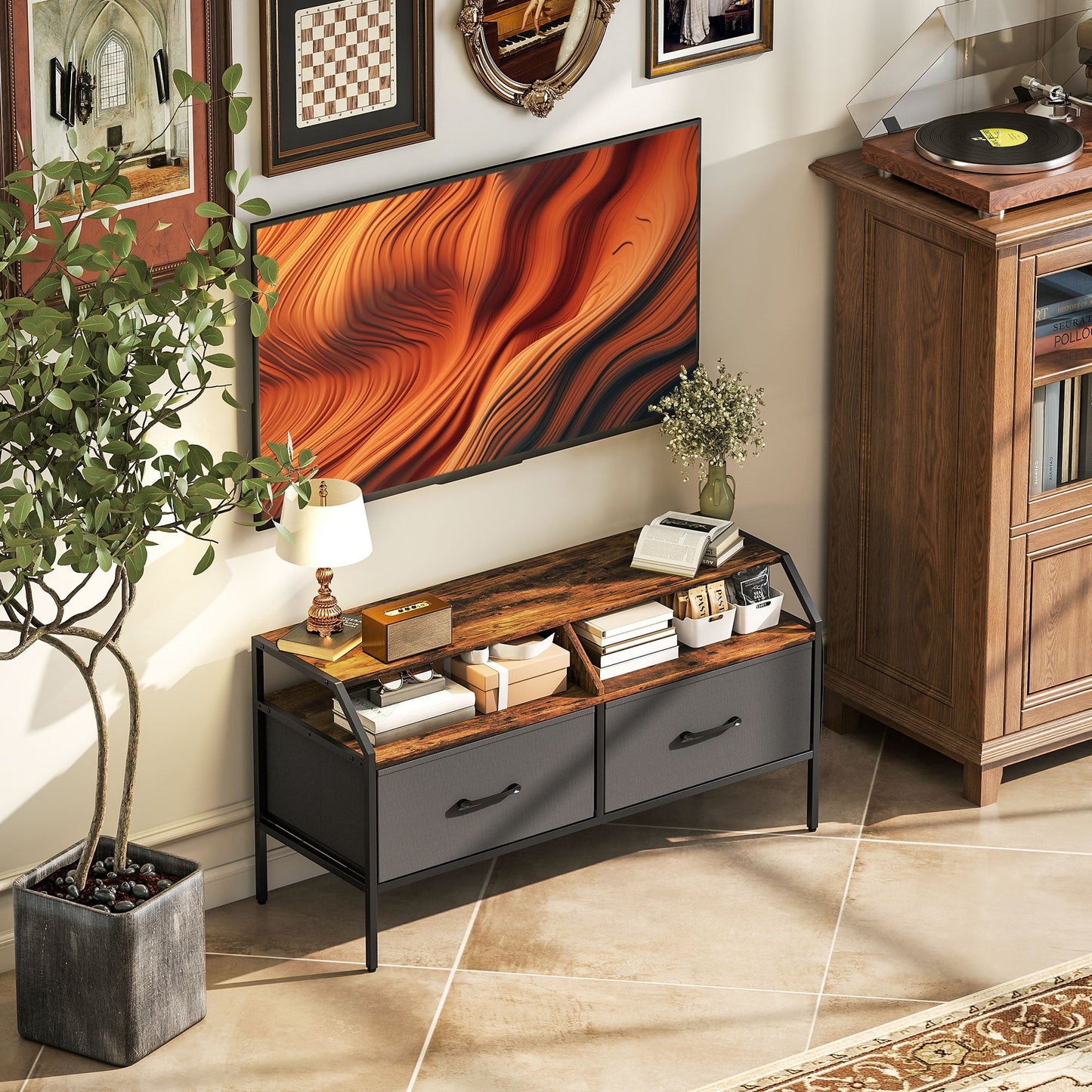 HOMCOM TV Stand Cabinet, TV Unit for 55-inch TVs with 2 Foldable Fabric Drawers, 5 Divided Side Pockets, Open Shelves, Console Table for Living Room, Bedroom, Entertainment Room, Rustic Brown