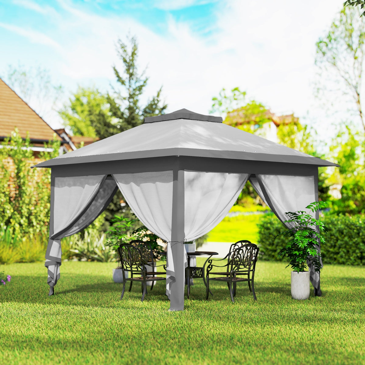 Outsunny 3.3 x 3.3m Pop Up Gazebo, Double Roof Foldable Canopy Tent with Zipped Mesh Sidewalls, Height Adjustable and Carrying Bag, Event Tent for Patio Garden, Grey