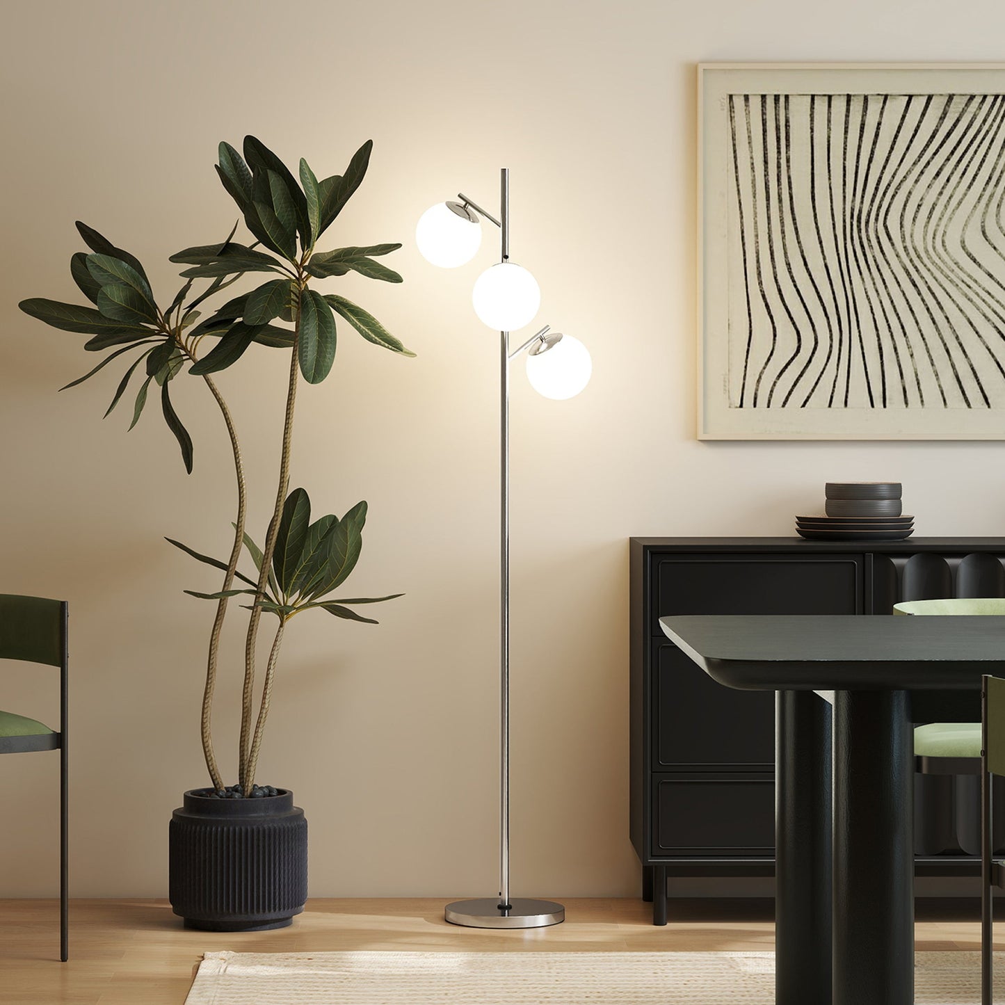 HOMCOM 3-Light Tree Floor Lamps for Living Room, Modern Standing Lamp for Bedroom with Globe Lampshade, 3000K/4000K/6000K Colour Temperatures, Steel Base, Silver Tone