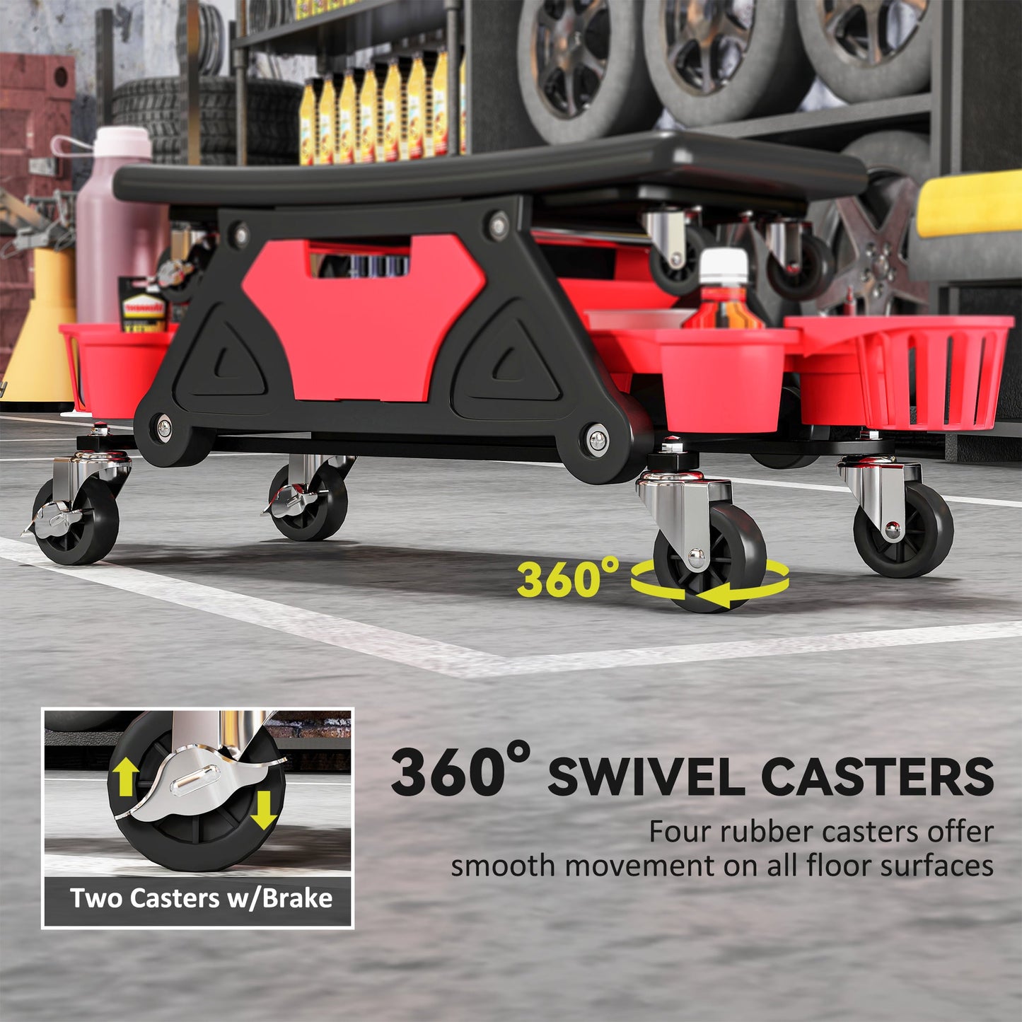 HOMCOM Rolling Mechanic Stool, 135kg Capacity Workshop Stool with 360° Swivel Wheels, Roller Creeper Seat with Slide Out Tool Trays, Drawer, Bottle Holders for Garage, Shop, Auto Repair, Red