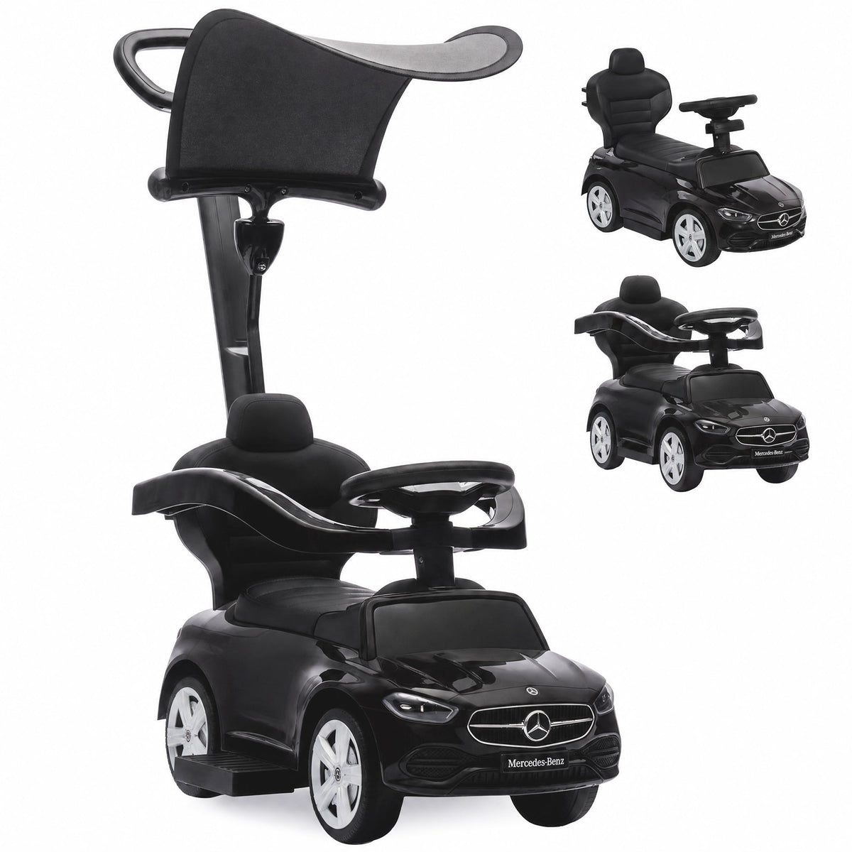 AIYAPLAY 3 in 1 Licensed Benz Ride on Push Car with Handle, Canopy, Guardrails, Horn, Music, Storage for 12-36 Months, Black