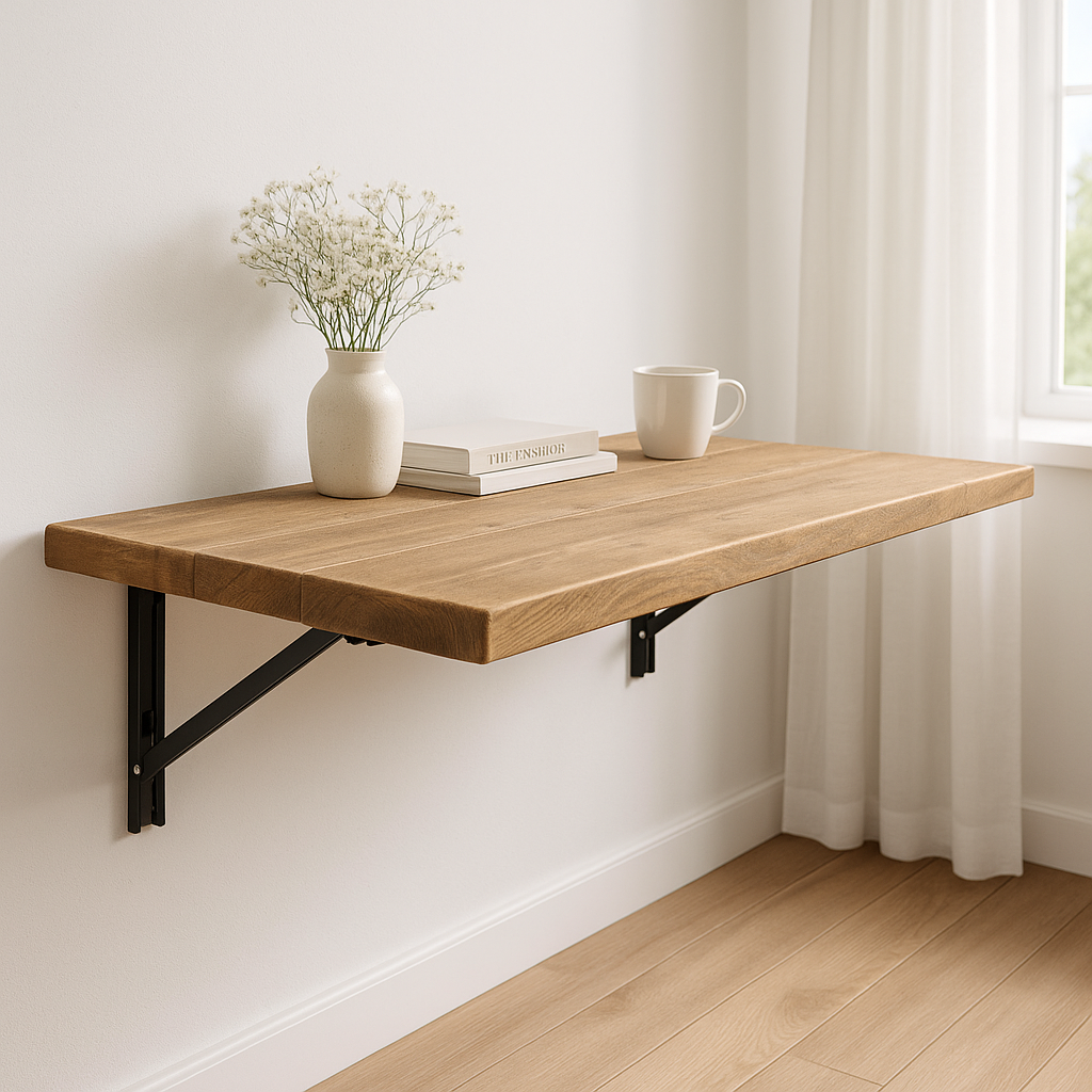 Foldable Wall-Mounted Solid Wood Table – Rustic Wood with Heavy-Duty Black Brackets – Space-Saving Desk for Kitchen, Office, or Small Spaces