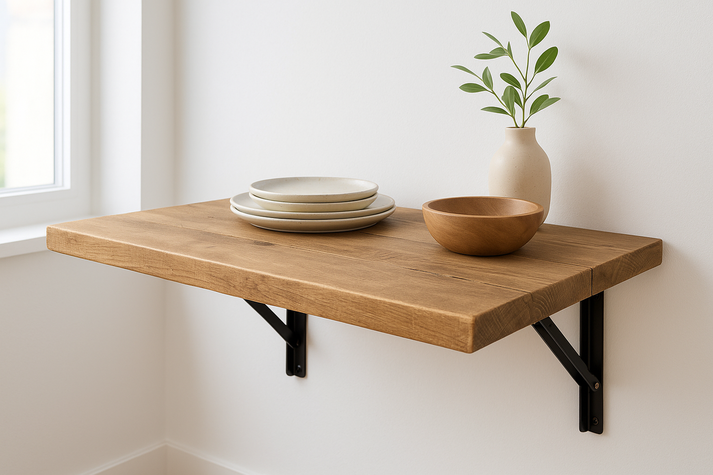 Foldable Wall-Mounted Solid Wood Table – Rustic Wood with Heavy-Duty Black Brackets – Space-Saving Desk for Kitchen, Office, or Small Spaces