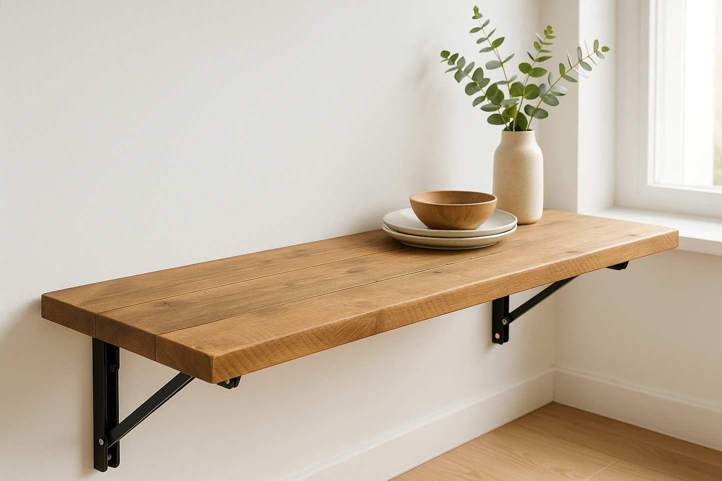 Foldable Wall-Mounted Solid Wood Table – Rustic Wood with Heavy-Duty Black Brackets – Space-Saving Desk for Kitchen, Office, or Small Spaces