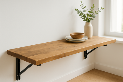 Foldable Wall-Mounted Solid Wood Table – Rustic Wood with Heavy-Duty Black Brackets – Space-Saving Desk for Kitchen, Office, or Small Spaces