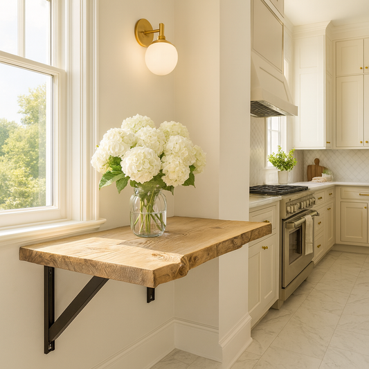 Live / Waney Edge Foldable Wall-Mounted Solid Wood Table – Rustic Wood with Heavy-Duty Black Brackets – Space-Saving Desk for Kitchen, Office, or Small Spaces