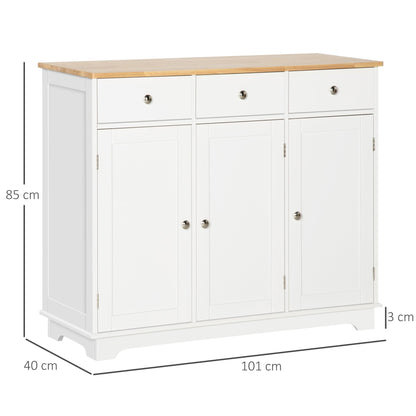 HOMCOM Modern Sideboard with Rubberwood Top, Buffet Cabinet with Storage Cabinets, Drawers and Adjustable Shelves for Living Room, Kitchen, White