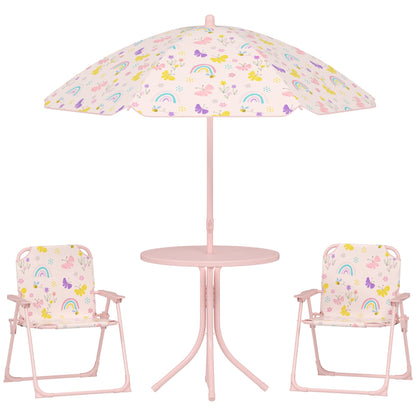 AIYAPLAY 4 Pieces Kids Garden Table and Chair Set with Adjustable Parasol, Folding Chairs, Table, Rainbow Pattern, Pink