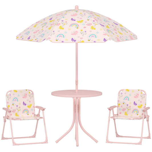 AIYAPLAY 4 Pieces Kids Garden Table and Chair Set with Adjustable Parasol, Folding Chairs, Table, Rainbow Pattern, Pink
