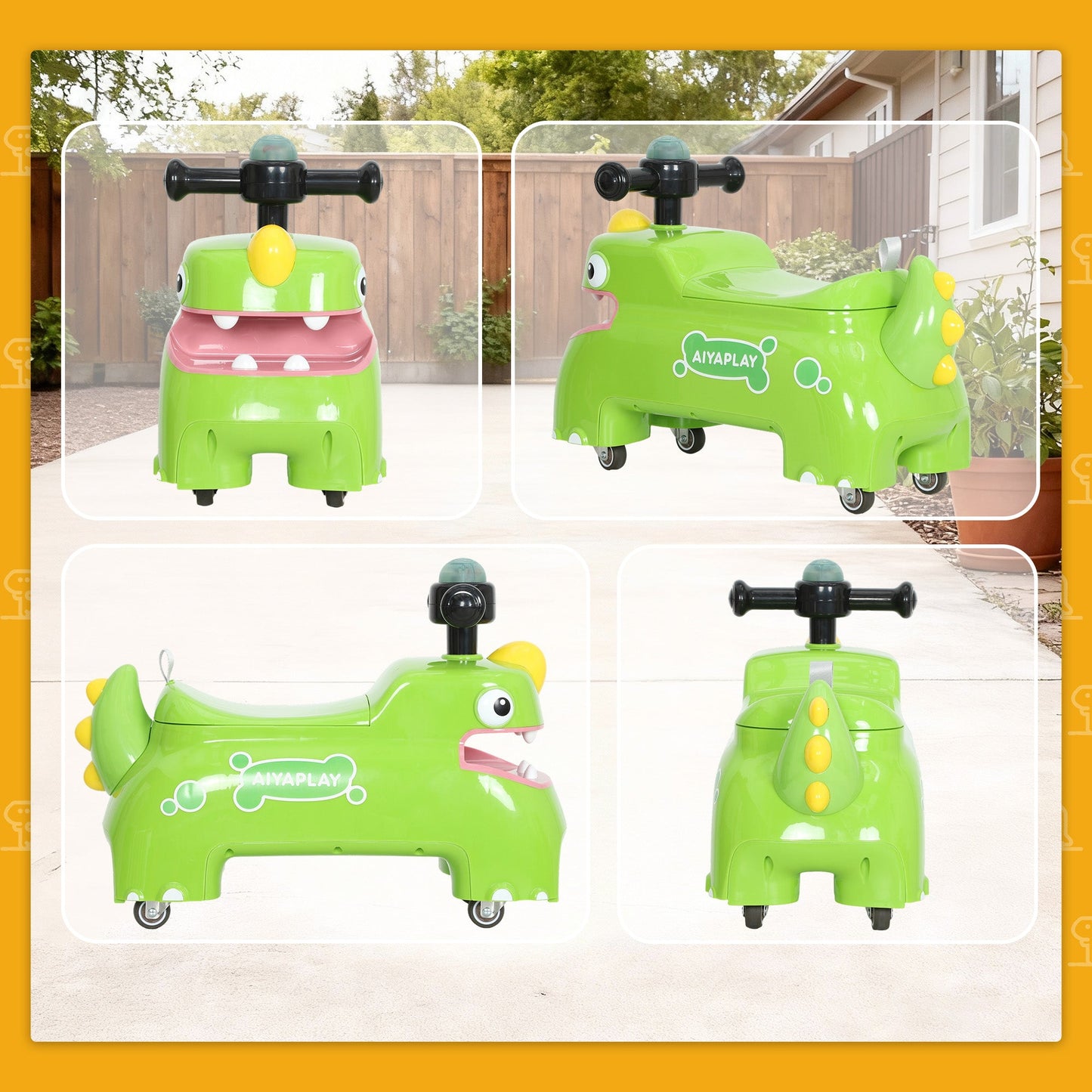 AIYAPLAY Kids Ride On Car, Dinosaur Foot to Floor Slider with Storage, Toddler Walker with Light, Sounds, Green