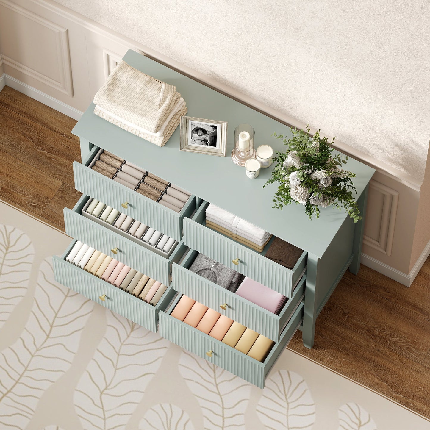 HOMCOM Fluted Dresser, 6 Drawer Chest of Drawers for Bedroom, Living Room, Hallway, Closet, Green