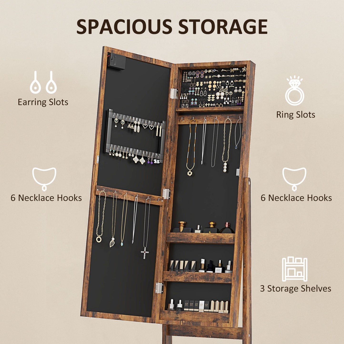HOMCOM Free Standing Mirror Jewelry Cabinet with LED Lights, Jewellery Organiser with 3 Angle Adjustable, Full-Length Mirror with Storage for Earrings, Necklaces, Rings and Lipsticks, Rustic Brown