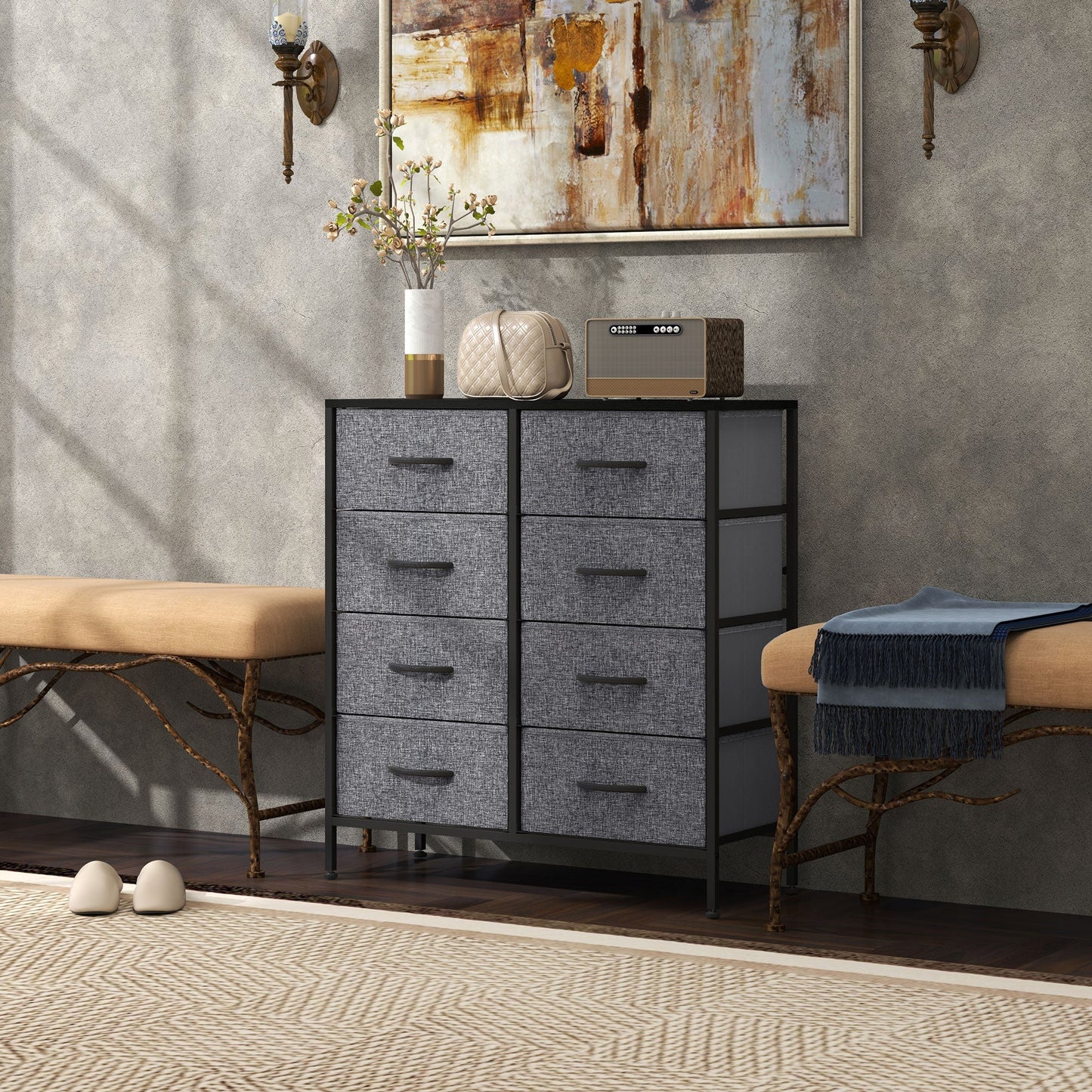 HOMCOM Fabric Chest of Drawers, Storage Drawers, Industrial Bedroom Dresser with 8 Fabric Drawers, Steel Frame and Wooden Top for Nursery, Living Room, Hallway, Black