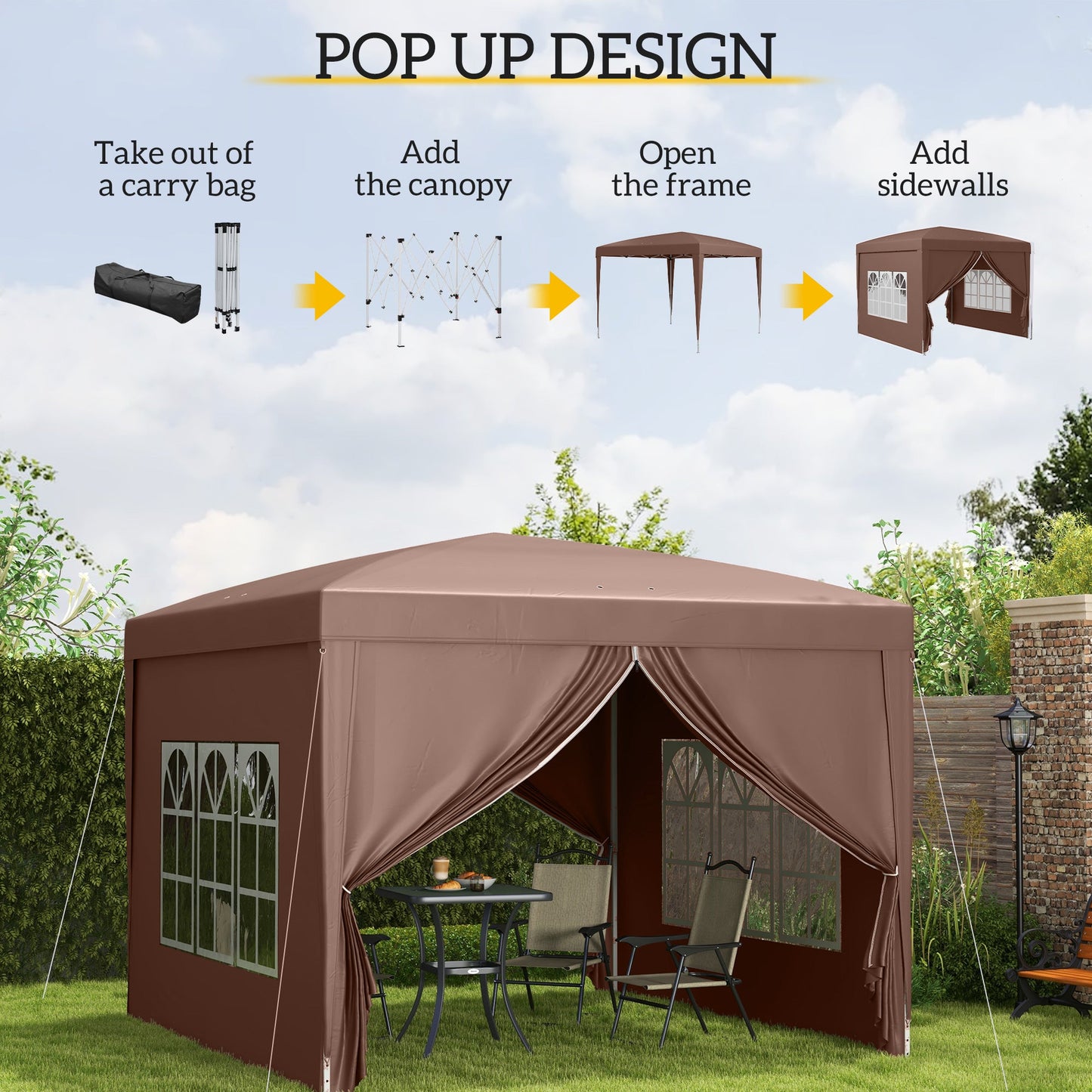 Outsunny 3 x 3 m Pop Up Gazebo, Wedding Party Canopy Tent Marquee with Carry Bag and Windows, Coffee
