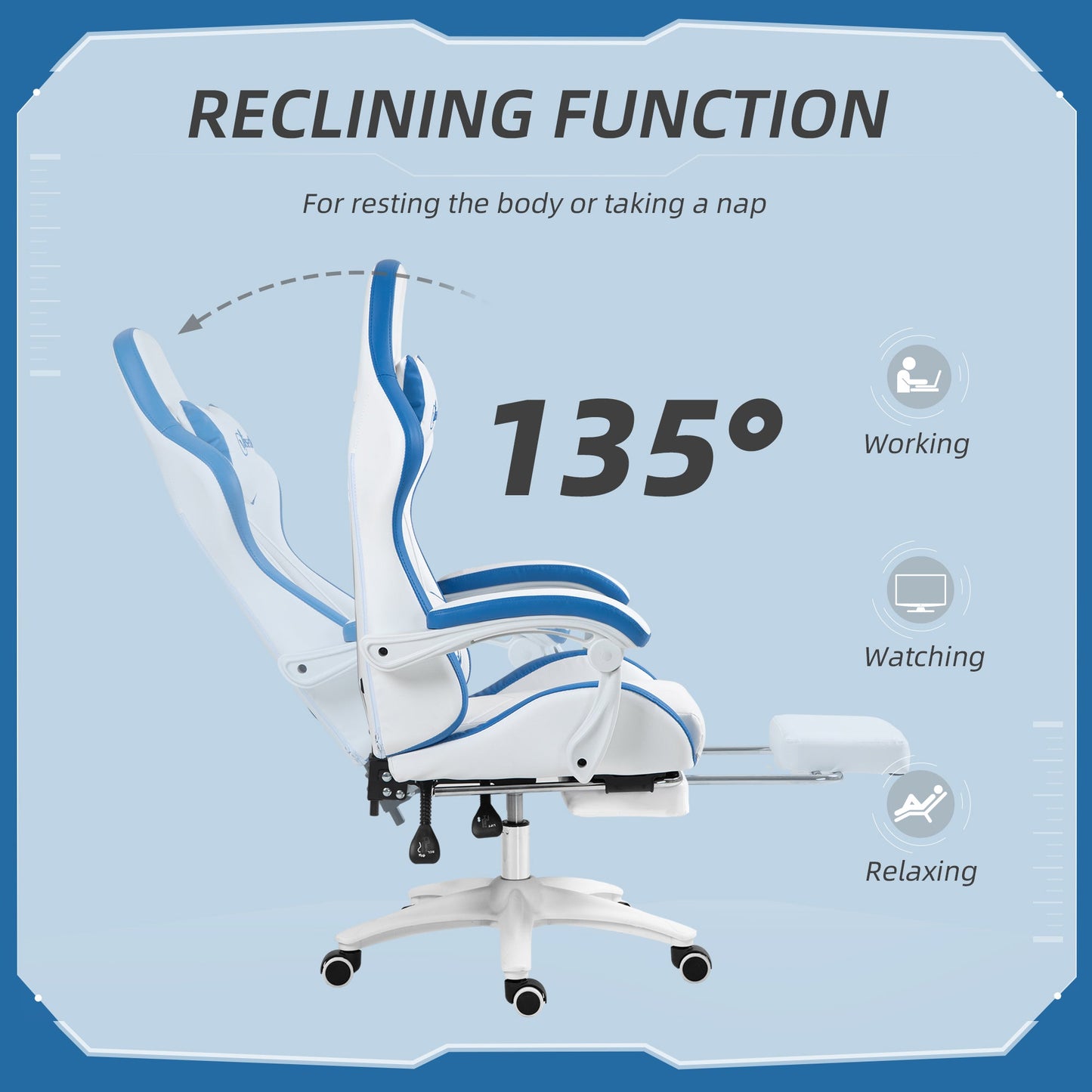 Vinsetto Computer Gaming Chair, PU Leather Desk Chair with Footrest, Swivel Task Chair with 135\'c2\'b0 Reclining Back and Lumbar Support, PC Chair for Adults, White and Blue