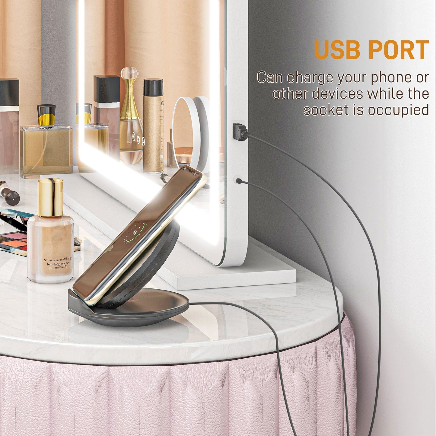 HOMCOM Vanity Mirror with Lights, Large Lighted Makeup Mirror with 3 Colour Lighting Modes, 10X Magnifying, USB Charging Port, Touch Screen, Tabletop or Wall Mounted Design for Bedroom, White