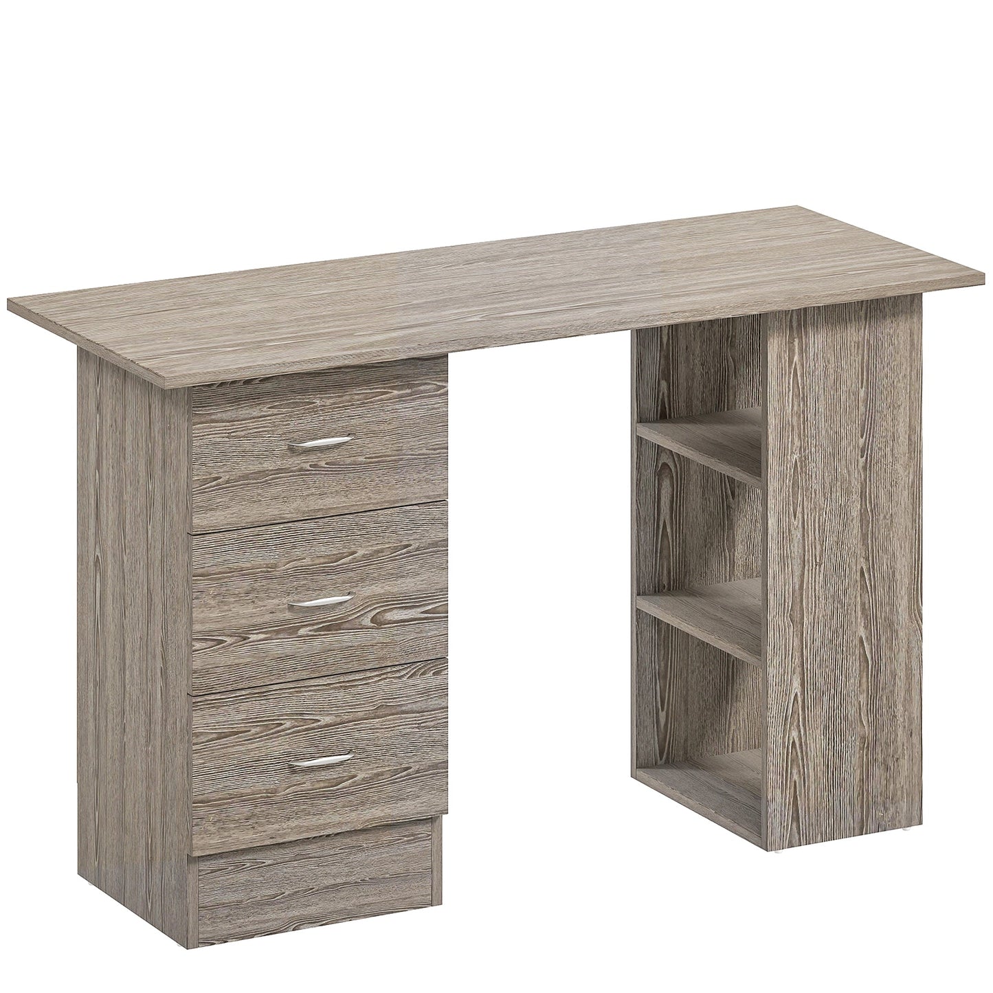 HOMCOM Computer Desk, Writing Table, PC Workstation with 3 Storage Shelves and Drawers, Silver Handle, for Home Office, Grey