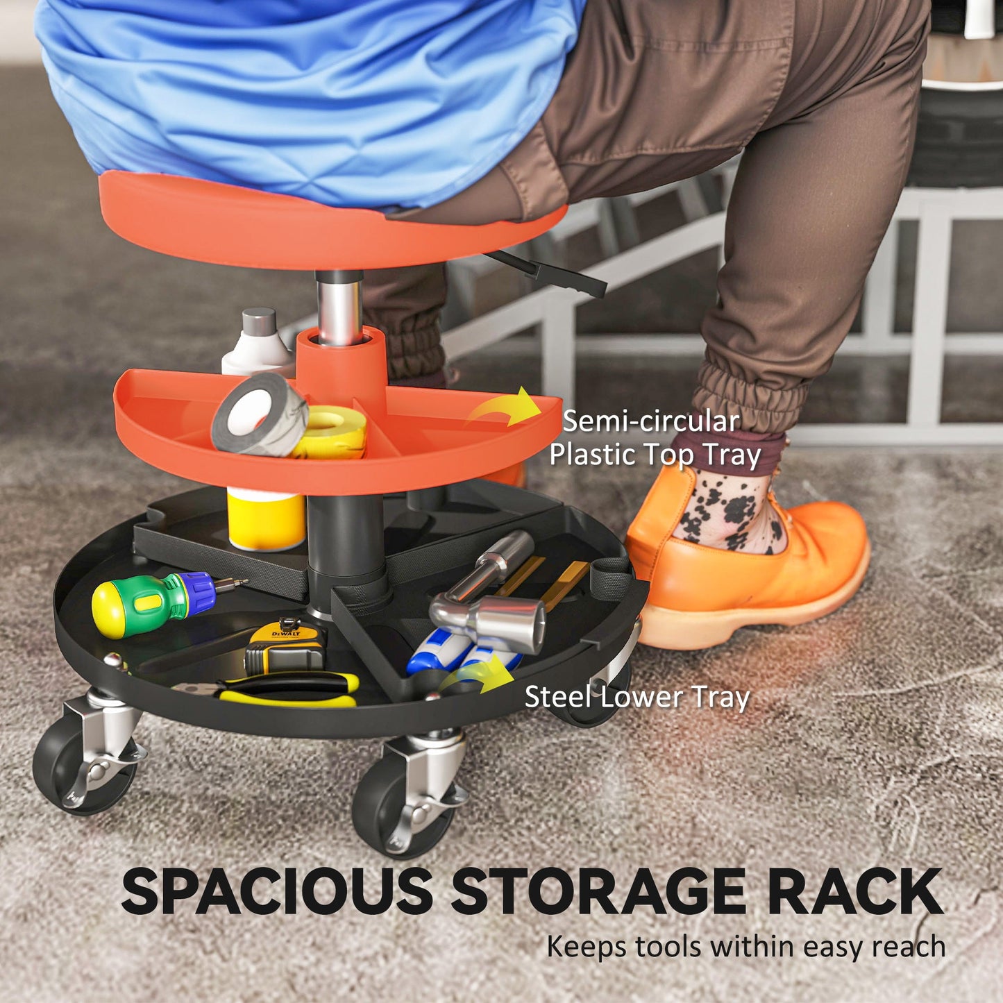 HOMCOM Rolling Mechanic Stool, 135kg Capacity Workshop Stool, 360° Swivel Roller Padded Creeper Seat with Wheels, Tool Trays Storage for Garage, Shop, Auto Repair, Yellow