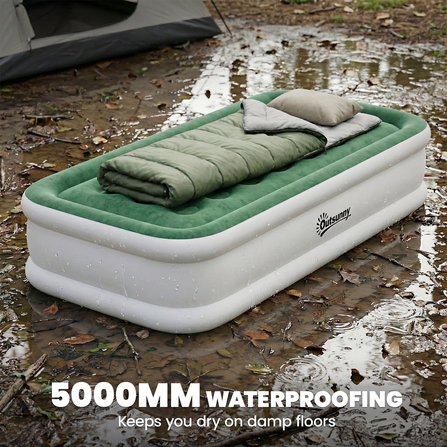 Outsunny Inflatable Mattress, Single Air Bed with Built-in Electric Pump, 3 Mins Inflation, Flocked Surface, Dark Green