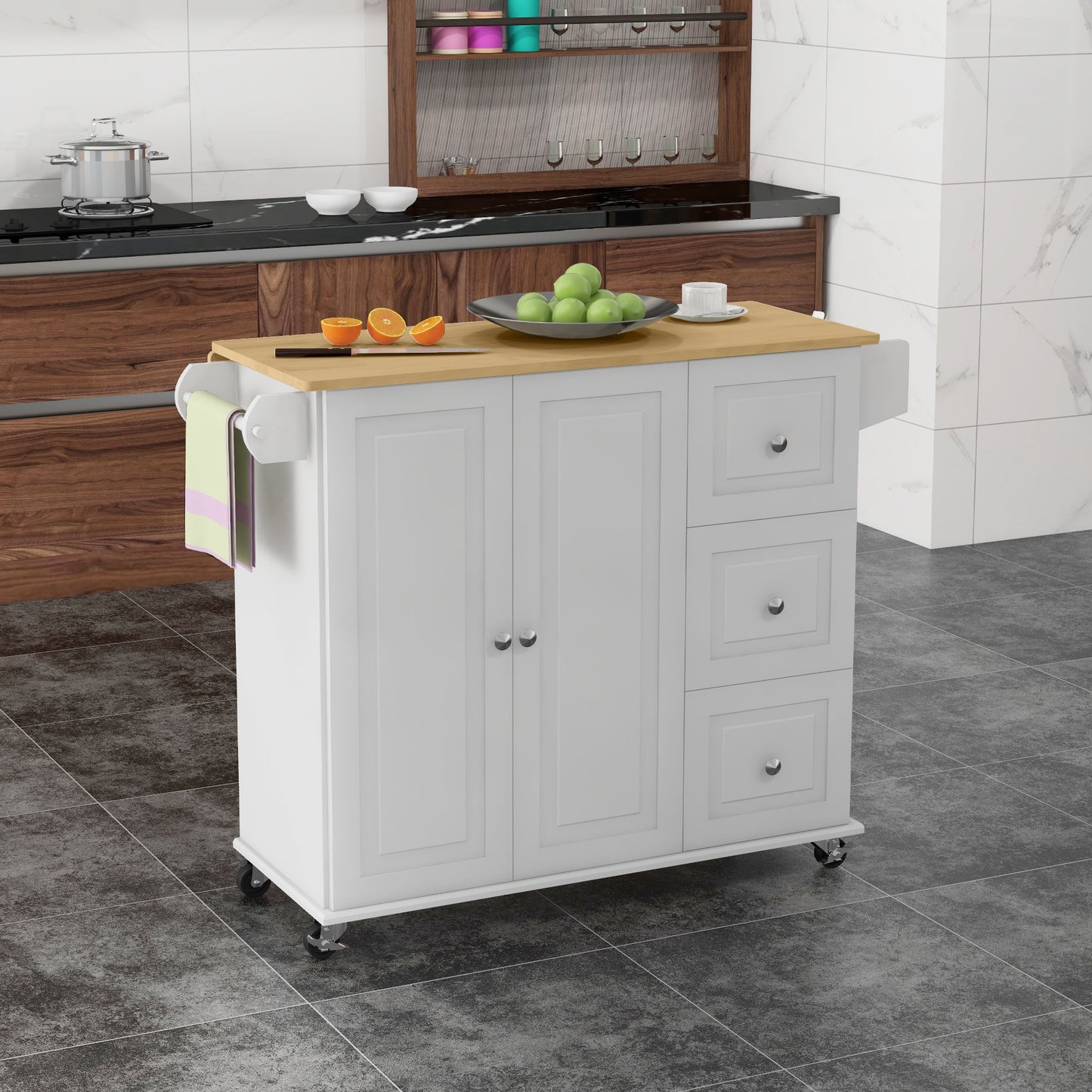 HOMCOM Kitchen Island with Drop Leaf, Rolling Kitchen Storage Trolley on Wheels with 3 Drawers, Spice Rack and Towel Rack, Storage Cart with Rubber Wood Top, White