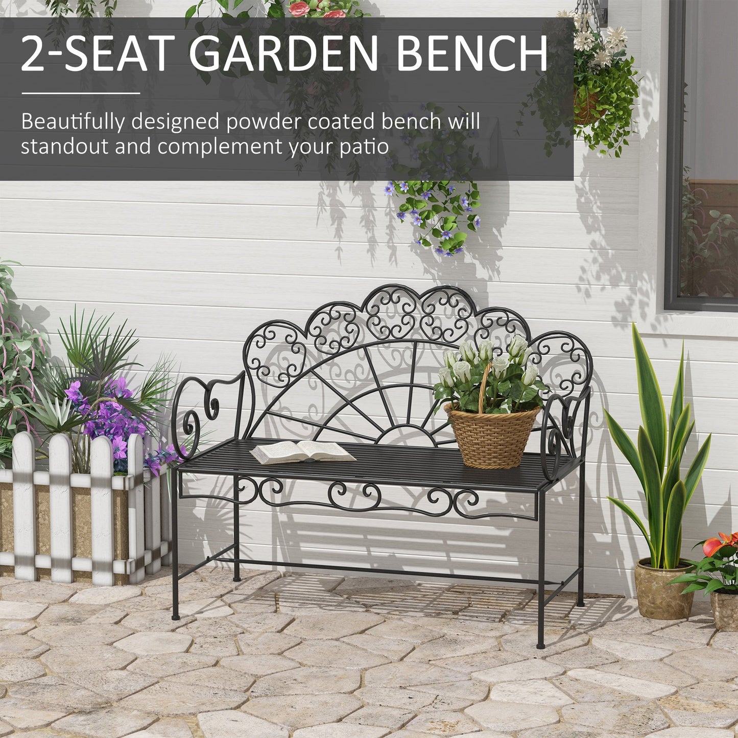 Outsunny Metal Garden Bench Loveseat with Slatted Seat, Black