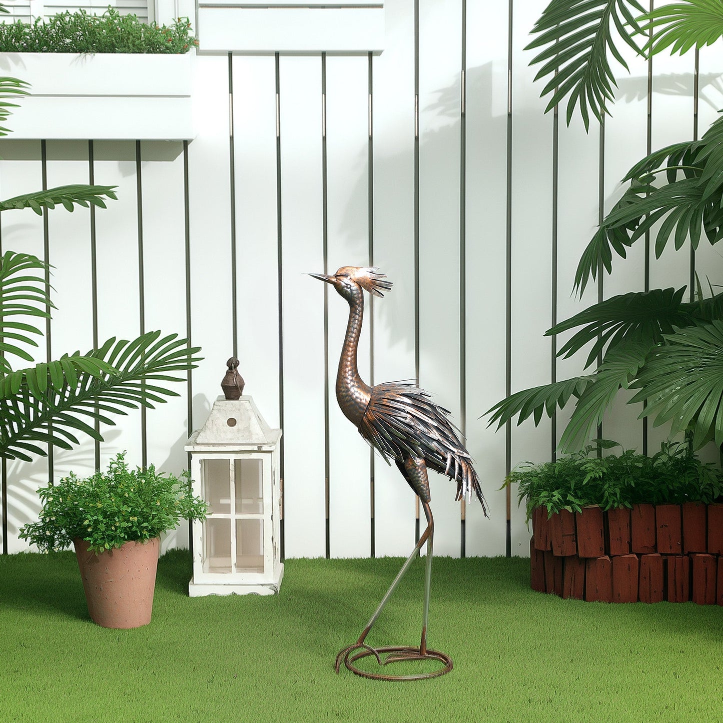Outsunny Heron Garden Statue, Standing Garden Ornament, Metal Garden Gift with Stakes for Patio Pond Landscape Decoration, Silver Tone