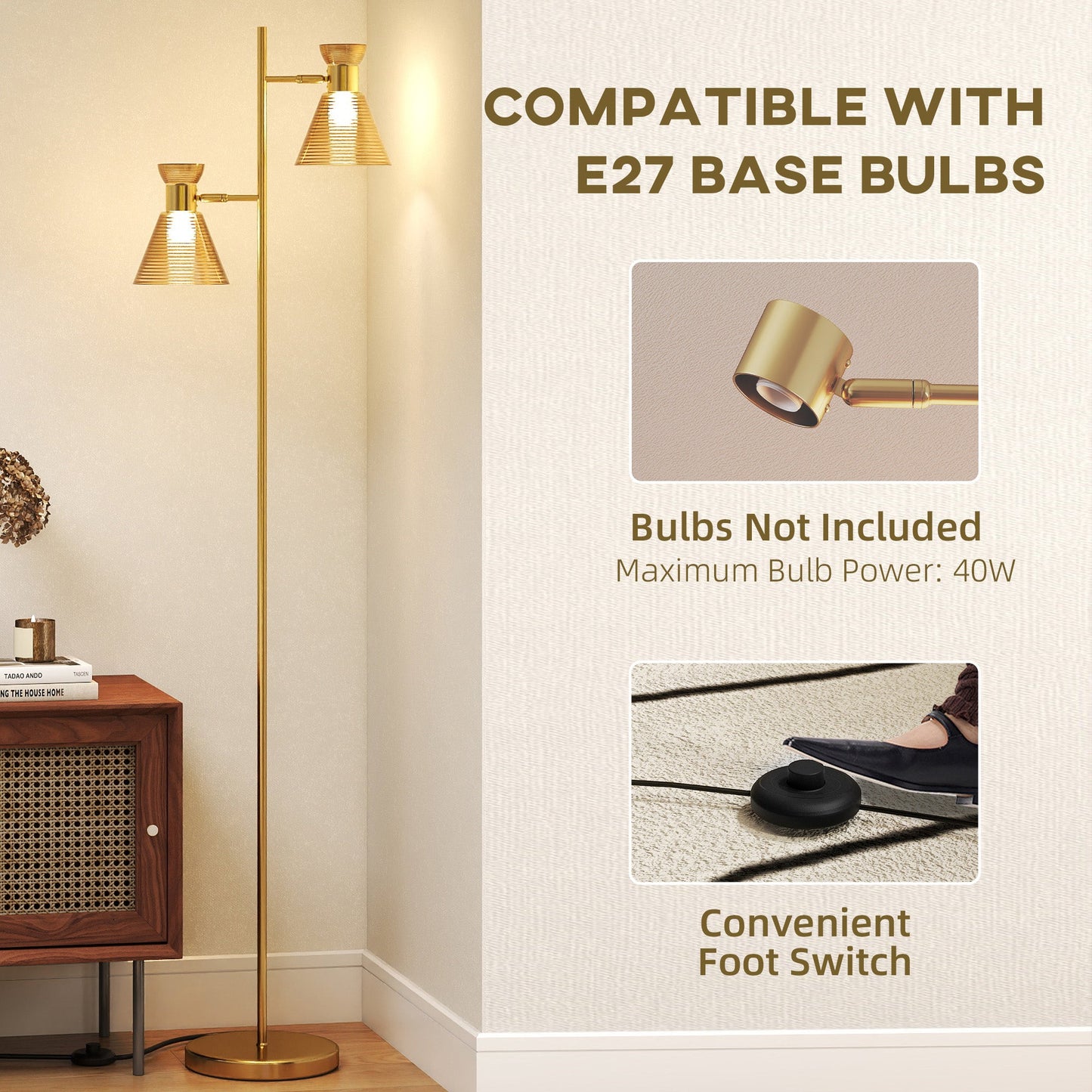 HOMCOM Floor Lamp with Adjustable Dual Head, Modern Standing Lamp with Floral Glass Shades and Foot Switch for Living Room Bedroom, E27 Socket, Bulb Not Included, Gold Tone