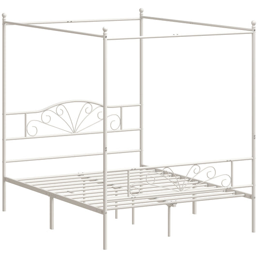 HOMCOM Canopy Bed Frame King Size, Metal Platform Bed Frame with Headboard and Footboard, Underbed Storage, White
