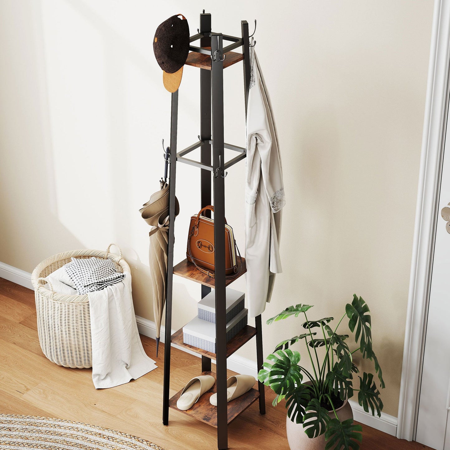 HOMCOM Industrial-Style Four Shelf Coat Stand - Brown/Black