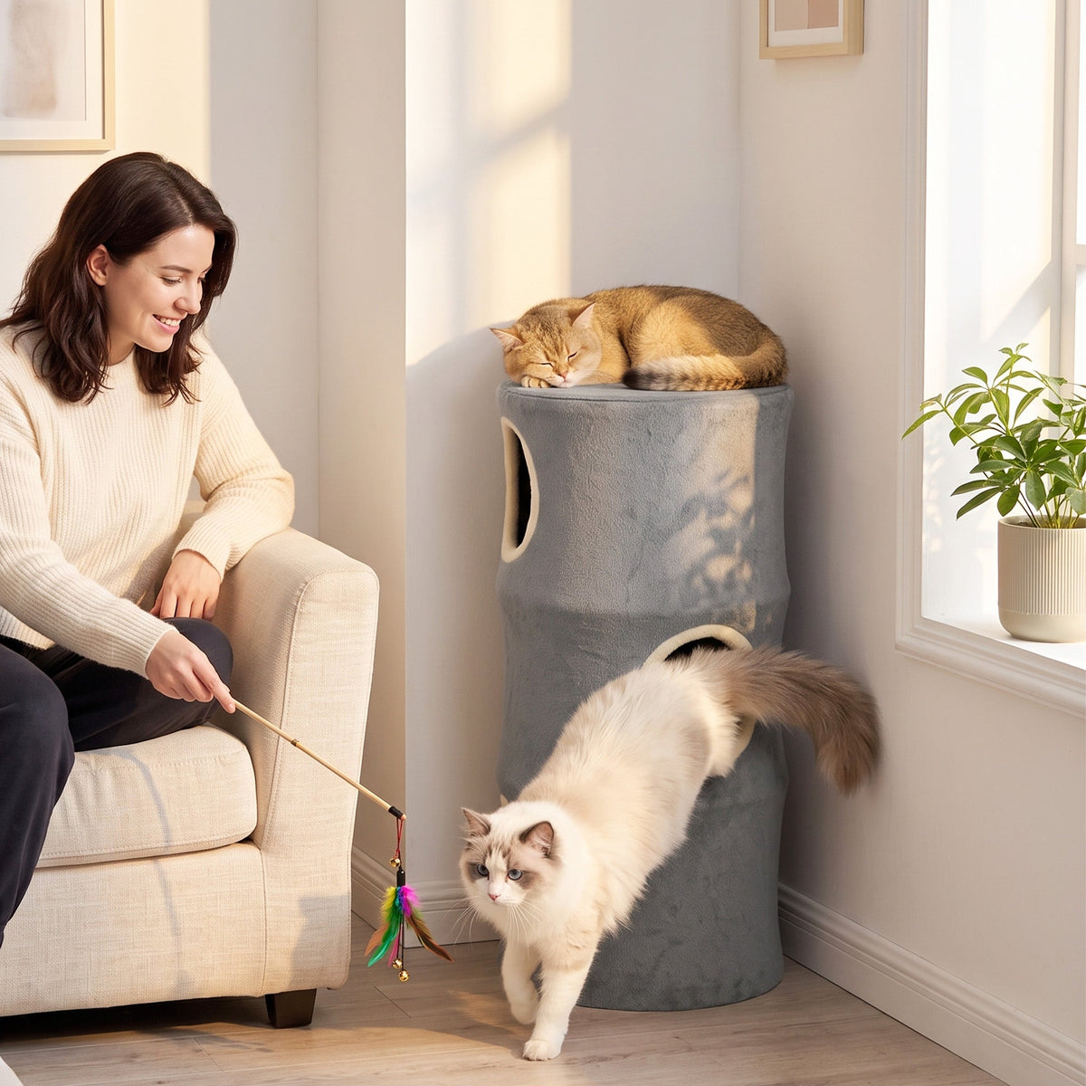 PawHut Cat House for Indoor Kittens, Cat Condo with Removable Washable Cover, Modern Barrel-Shaped Kitty Cave Bed
