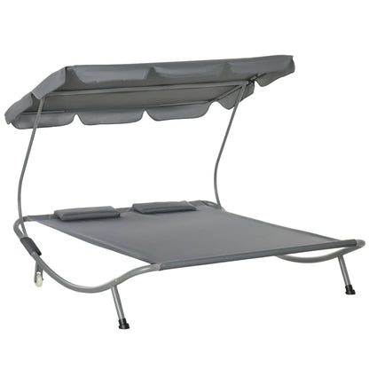 Outsunny Double Hammock Sun Lounger Bed with Canopy Shelter, Wheels & 2 Pillows, Grey